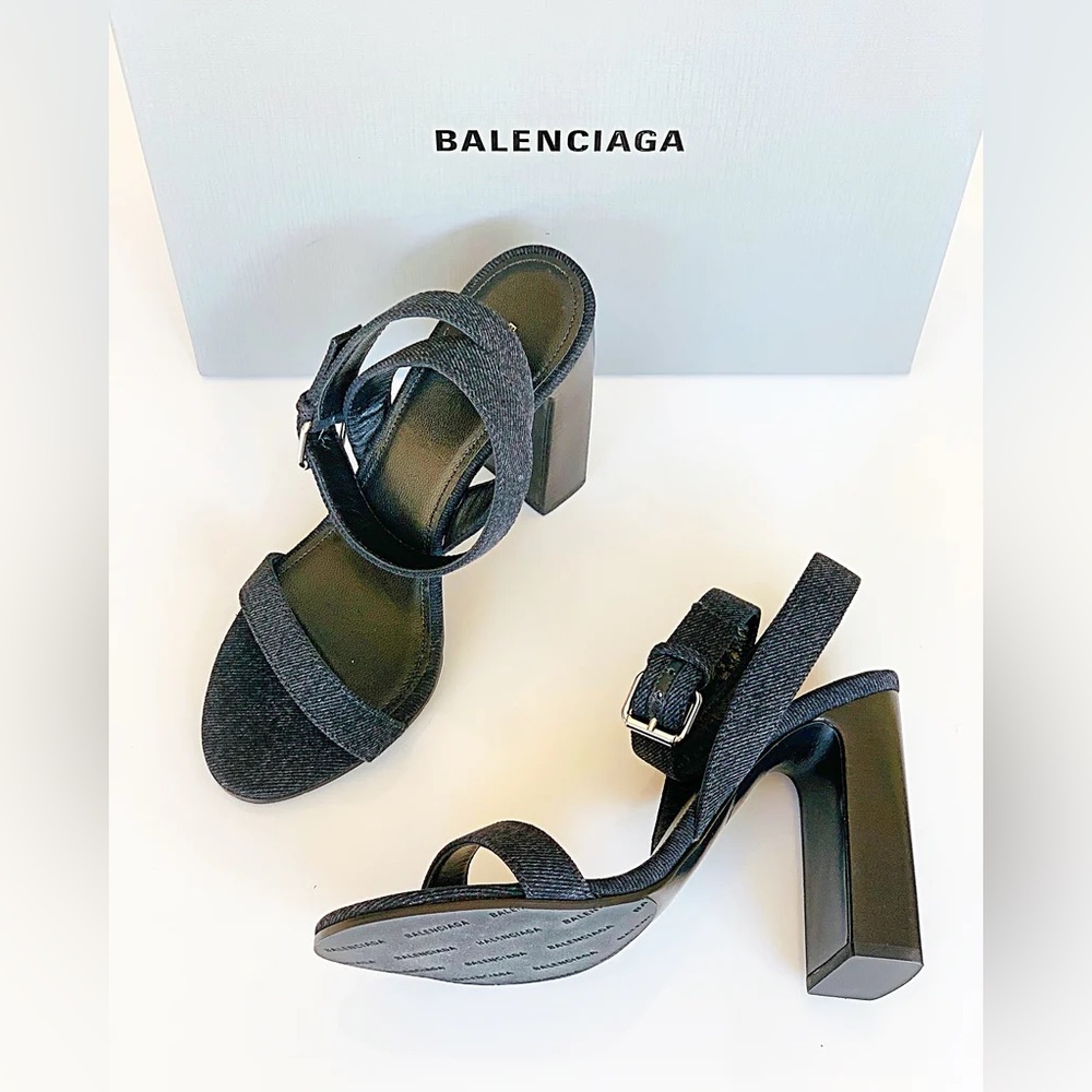 BALENCIAGA WRAPAROUND DENIM BLACK OPEN TOE ANKLE SANDAL HEELS SHOES